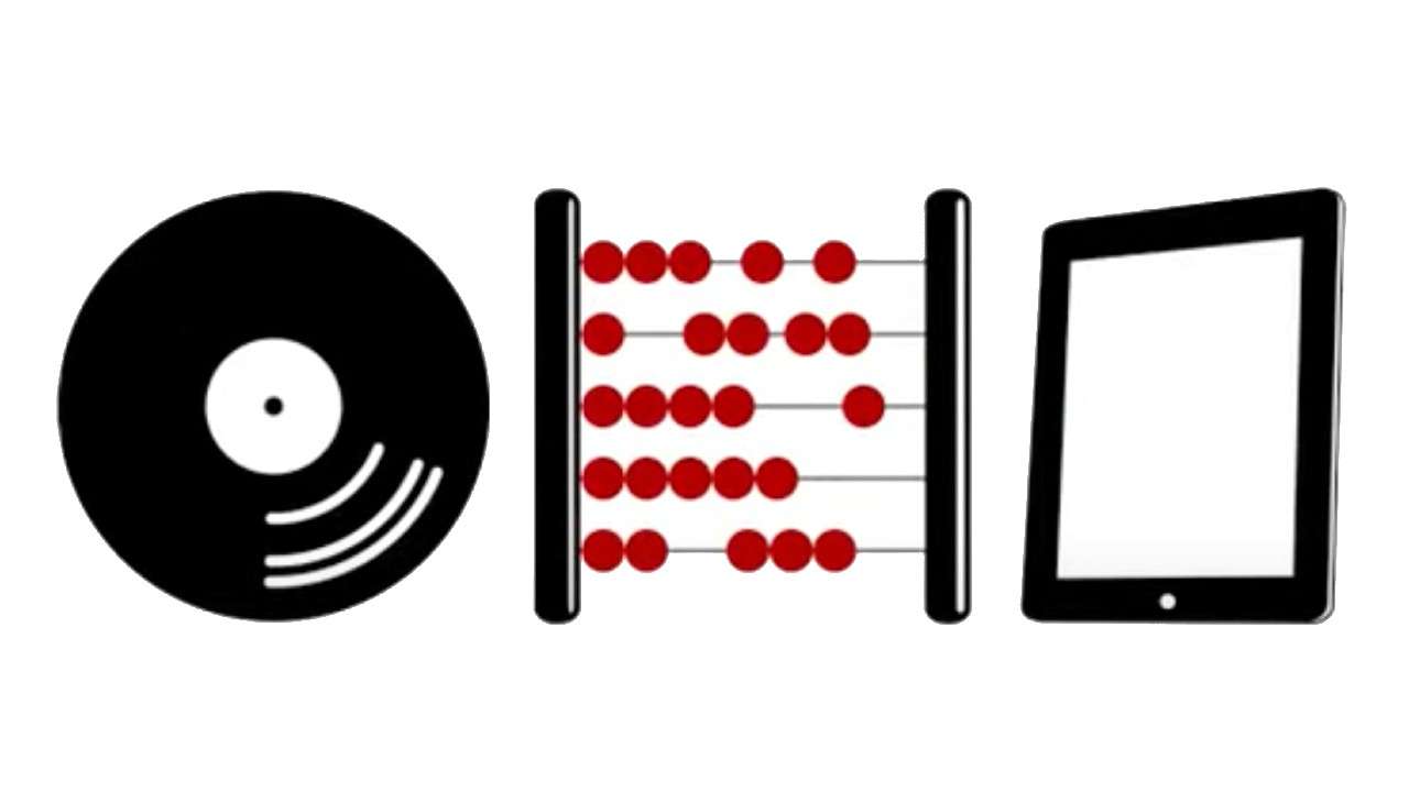 Music Business Innovation artwork — graphics showing a record for music, an abacus for business and an iPad for innovation. Event curation for this Glasgow creative conference from 2010 by Inner Ear.