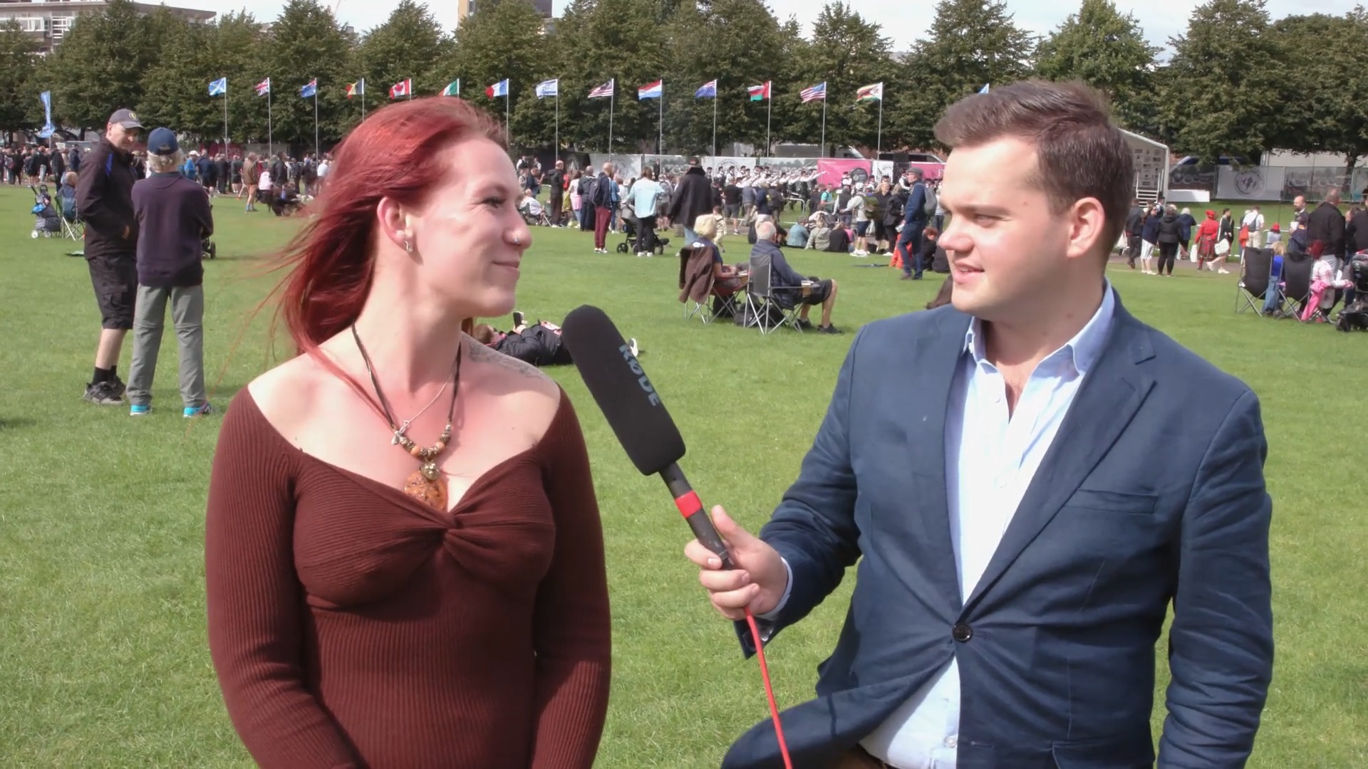 Hugh W Deery interviews Australian piping fan at the World Pipe Band Championships 2023 during Inner Ear's live streaming production of the event from Glasgow Green