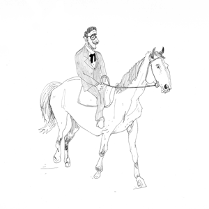 Tommy Dewar on horseback, pencil illustration