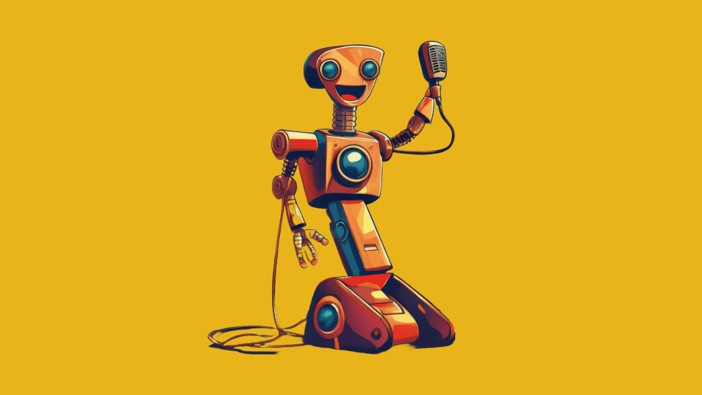 Cartoon of a Johnny 5-style robot singing into a classic microphone