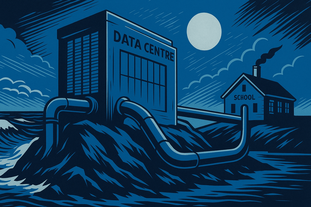 Graphic illustration of a data centre heating a school on an island